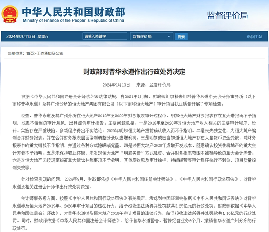 股票配资好做吗 涉恒大地产财务造假！财政部、证监会出手！普华永道被罚4.41亿元